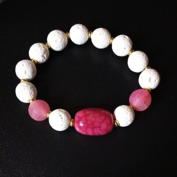 White Lava Rock Beads + Pink Dragonvein Agate ~ Petite Chunky Stretch Bracelet - Picture 1 of 8
